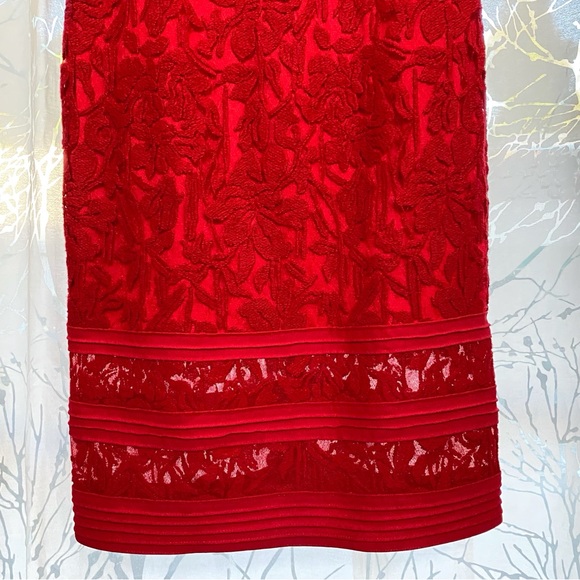 TADASHI SHOJI RED PLEATED BLOUSON WAIST SHEER EMBROIDERED LACE CAP SLEEVE DRESS - Picture 6 of 16